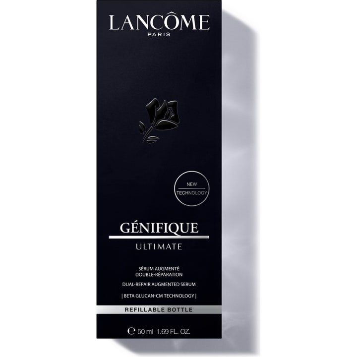 Lancôme Génifique Ultimate Serum 50 ml korjaava kasvoseerumi tyylikkäässä mustassa pakkauksessa hopeisella ruusulla