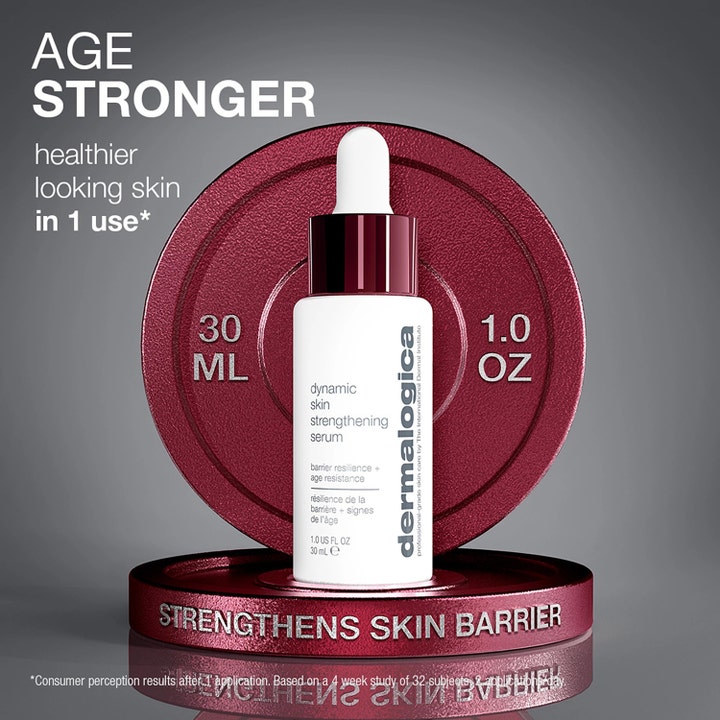 Dermalogica Dynamic Skin Strengthening Serum 30 ml vahvistaa suojakerrosta valkoisessa pipettipullossa punaisella alustalla.