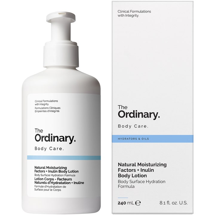 The Ordinary NMF + Inulin Body Lotion 240 ml kosteuttava vartalovoide valkoisessa pumppupullossa ja pahvirasiassa