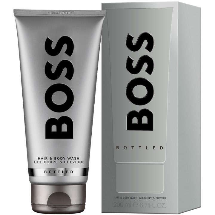 Hugo Boss Bottled 200 ml puhdistava suihkugeeli harmaassa tuubissa ja hopeisessa pakkauksessa.