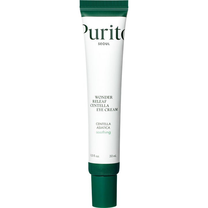 Purito Wonder Releaf Centella Eye Cream 30 ml rauhoittava silmänympärysvoide valkoisessa tuubissa vihreällä korkilla