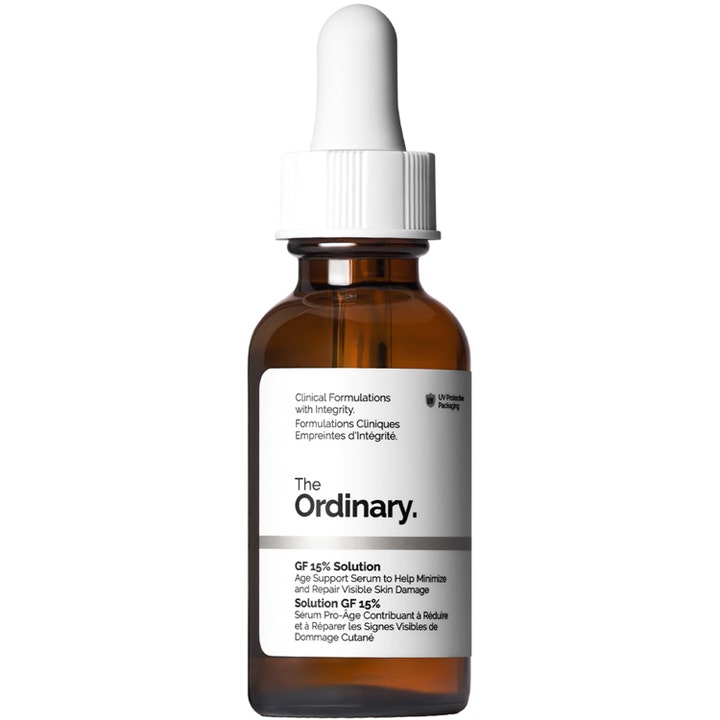 The Ordinary GF 15% Solution 30 ml korjaava seerumi joka häivyttää ihovaurioita ruskeassa pipettipullossa.