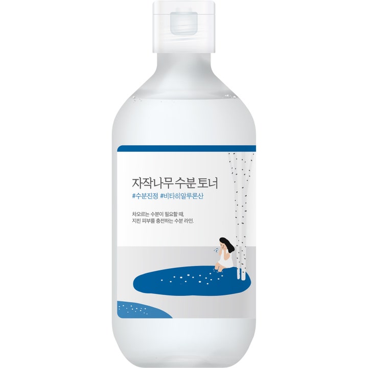 Round Lab Birch Juice Moisturizing Toner 300 ml syväkosteuttava kasvovesi kirkkaassa pullossa sinisellä koivukuvituksella.