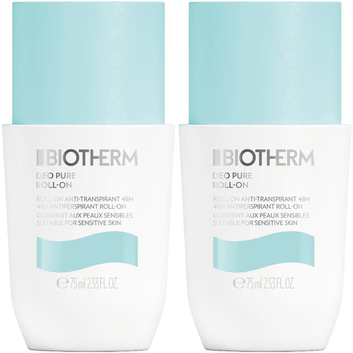Biotherm Deo Pure Roll-On 2x75 ml antiperspirantti antaa 48h suojan valkoisissa pulloissa vaaleansinisillä korkeilla
