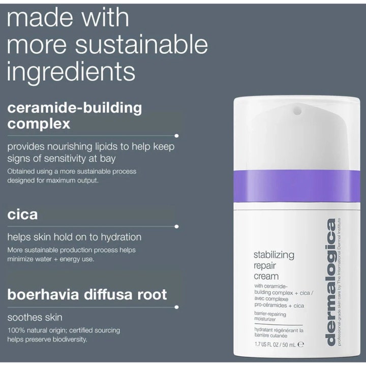 Dermalogica Stabilizing Repair Cream 15 ml rauhoittava kasvovoide infografiikka cica ja keramidit ainesosista