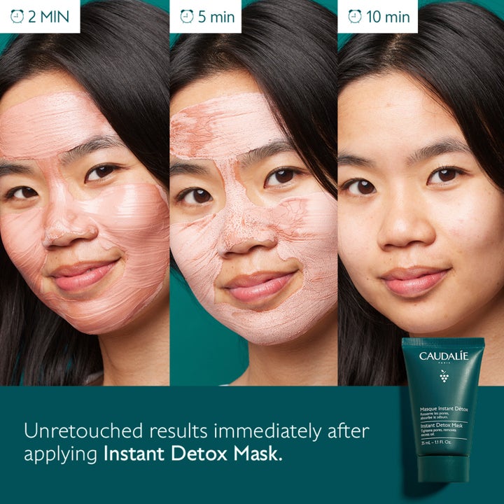 Caudalie Instant Detox Mask 35 ml syväpuhdistava kasvonaamio kuvattuna naisen kasvoilla 2, 5 ja 10 minuutin kohdalla.