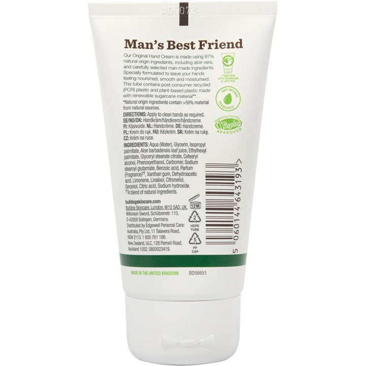 Bulldog Original Hand Cream 75 ml kosteuttava käsivoide tuubin takapuoli ainesosilla ja viivakoodilla