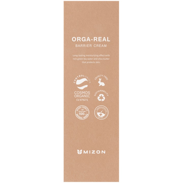 Mizon Orga-Real Barrier Cream 100 ml kosteuttava kasvovoide eko-sertifikaateilla varustetussa ruskeassa pahvipakkauksessa.