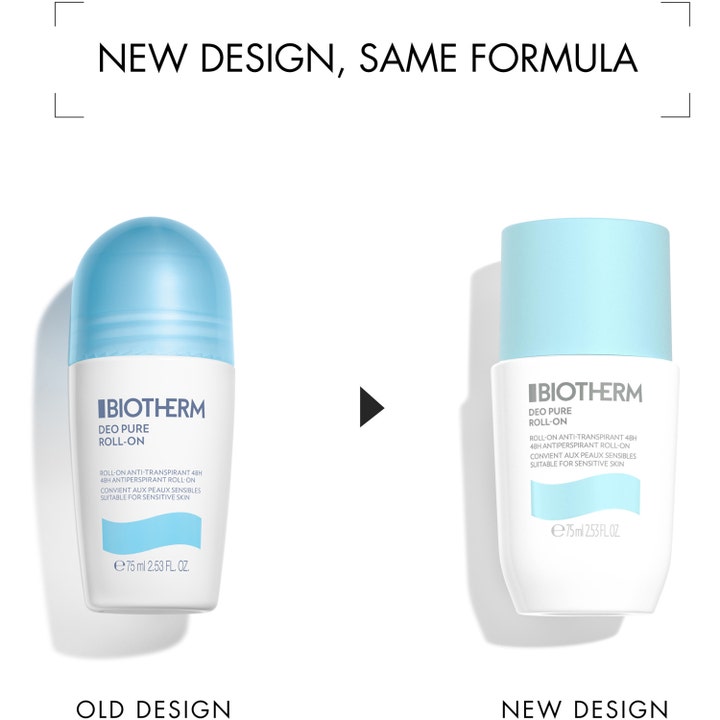 Biotherm Deo Pure Roll-On Antiperspirant 75 ml deodorantti esittelee tuotteen uuden ja vanhan pakkausmuotoilun