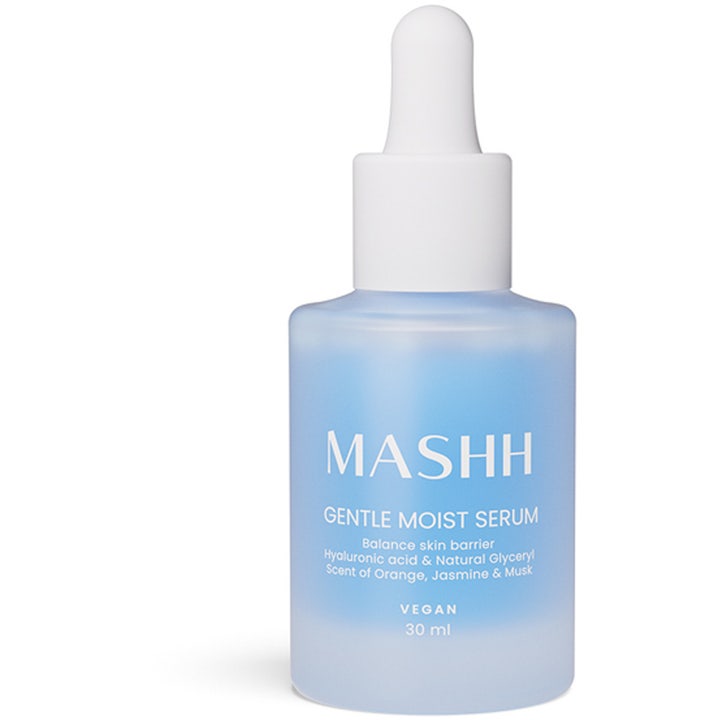 MASHH Gentle Moist Serum 30 ml kosteuttava kasvoseerumi huurretussa sinisessä lasipullossa valkoisella pipetillä.