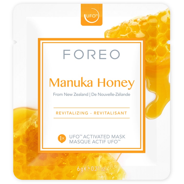 FOREO UFO Mask Manuka Honey 6 g elvyttävä kasvonaamio hunajakennoa esittävässä pussissa.