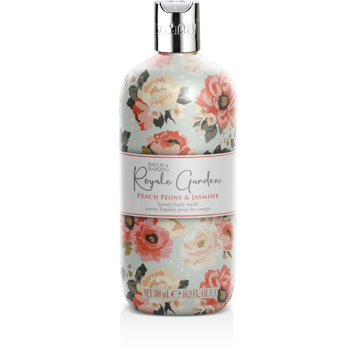 Baylis & Harding Royale Garden Peach Peony & Jasmine 500 ml suihkugeeli kukkakuvioisessa pullossa hopeisella korkilla.