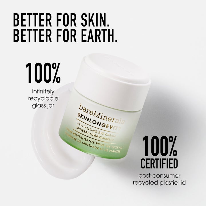 bareMinerals Skinlongevity Revitalizing Eye Cream 15 g elvyttävä silmänympärysvoide 100 % kierrätettävässä lasipurkissa.