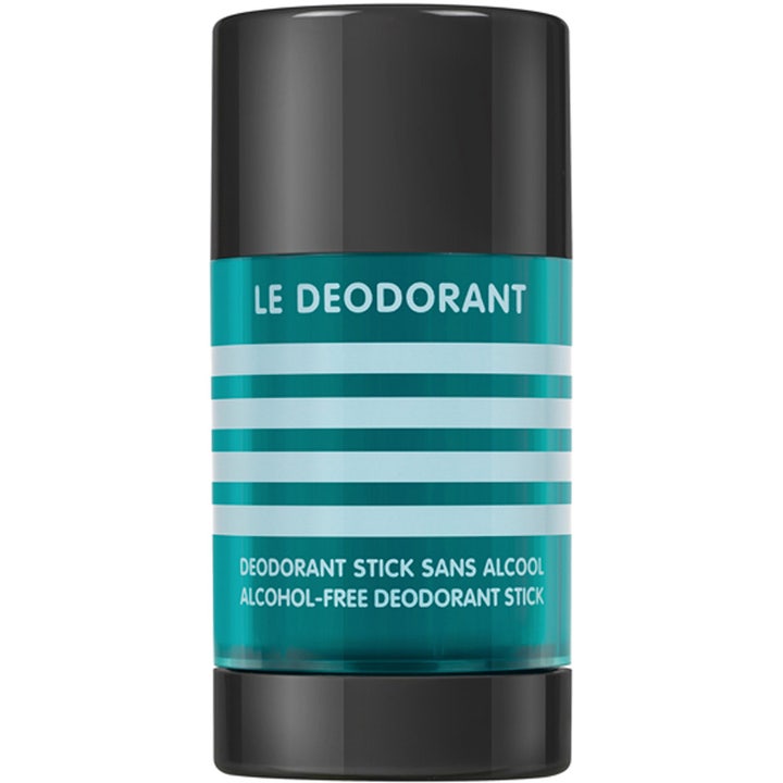 Jean Paul Gaultier Le Deodorant 75ml alkoholiton deostick on turkoosi valkoisilla raidoilla ja mustalla korkilla.
