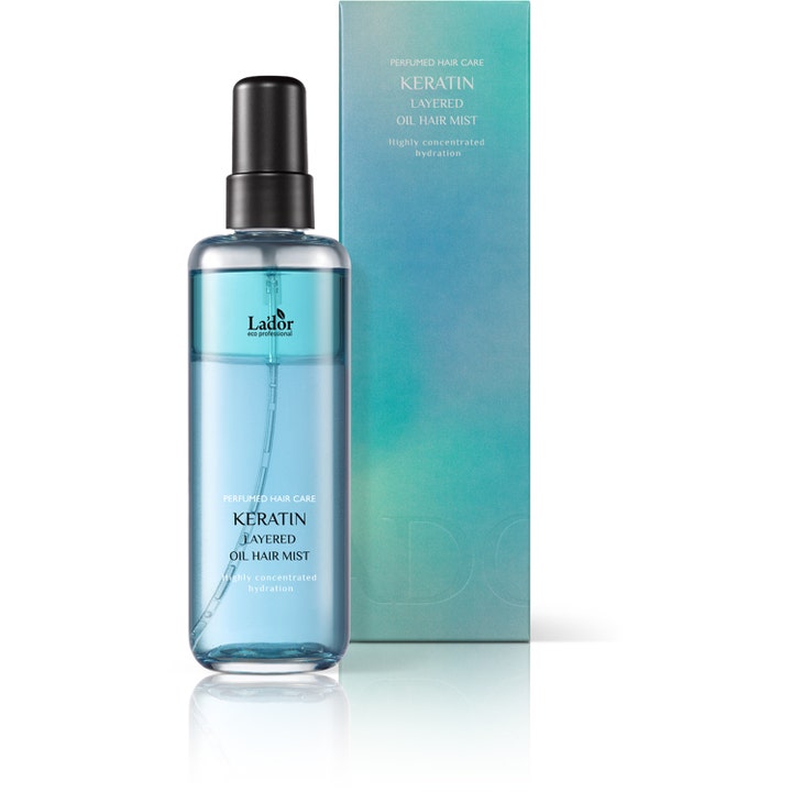 La'dor Keratin Layered Mist 130 ml kosteuttava hiussuihke kirkkaassa mustakorkkisessa pullossa ja sinisessä rasiassa