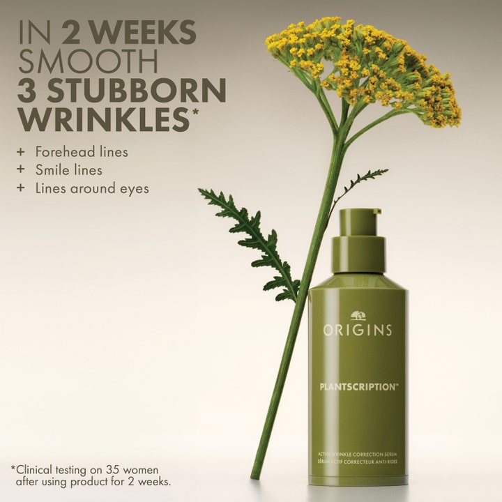Origins Plantscription Active Wrinkle Correction Serum 48 ml silottava seerumi vihreässä pumppupullossa keltaisella kukalla
