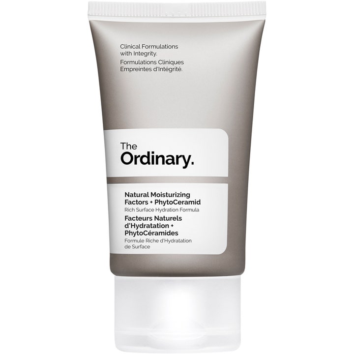 The Ordinary Natural Moisturizing Factors + PhytoCeramid kosteuttava kasvovoide harmaassa tuubissa valkoisella korkilla