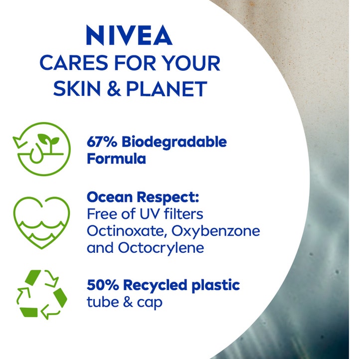 Nivea UV Face Sensitive 50 ml aurinkovoide kasvoille esittelee biohajoavaa koostumusta ja kierrätyspakkausta.