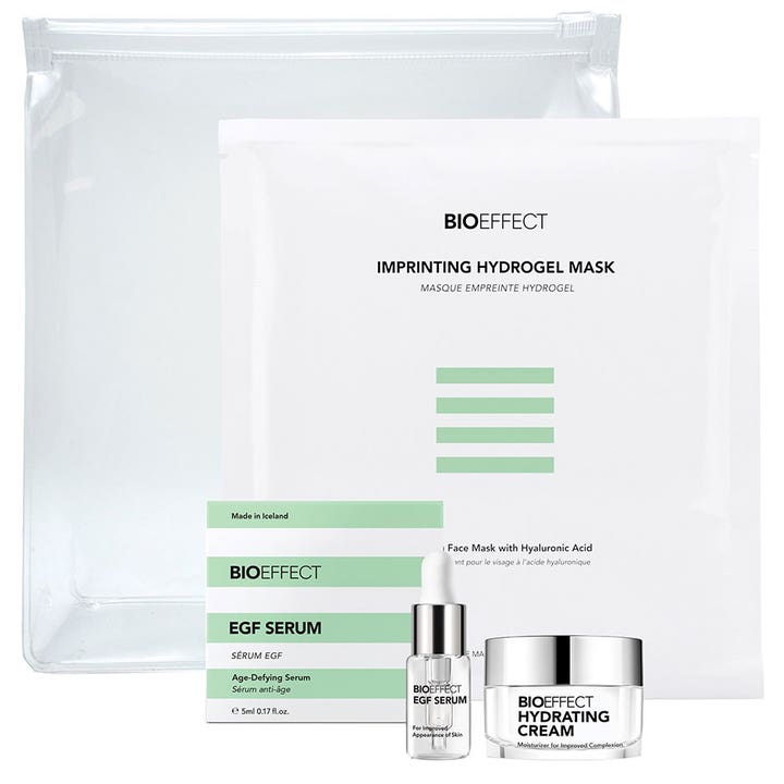 BIOEFFECT EGF Serum 5 ml Hydrating Cream ja kasvonaamio kosteuttava setti kirkkaassa pussissa joka uudistaa ja heleyttää ihoa