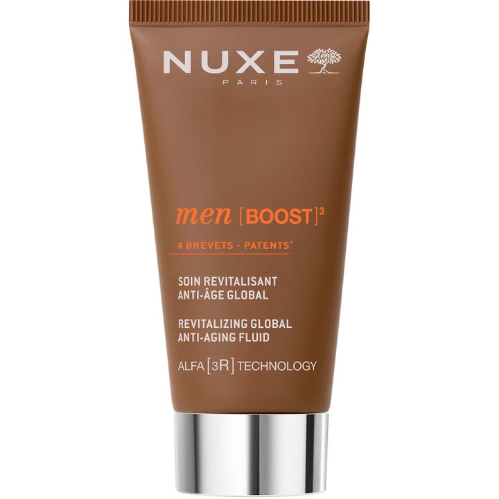 Nuxe Men Boost Revitalizing Global Anti-Aging Fluid elvyttävä kasvovoide ruskeassa tuubissa hopeisella korkilla