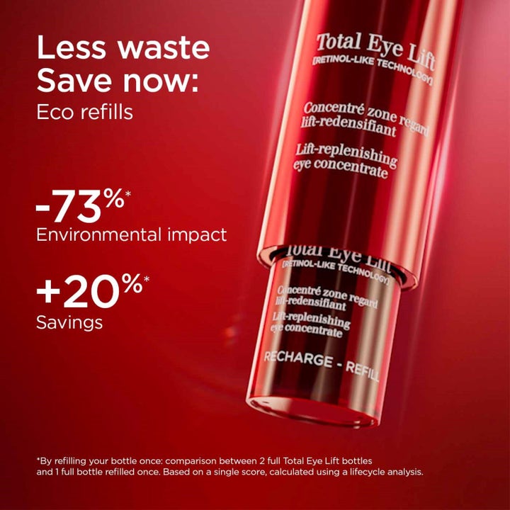 Clarins Total Eye Lift 15 ml silmänympärysvoide punaisessa täyttöpakkauksessa vähentää ympäristövaikutusta.