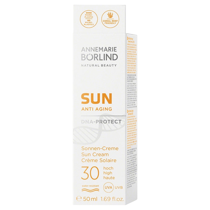 Annemarie Börlind Sun DNA Protect SPF 30 50 ml ikääntymistä estävä aurinkovoide valkoisessa pahvipakkauksessa