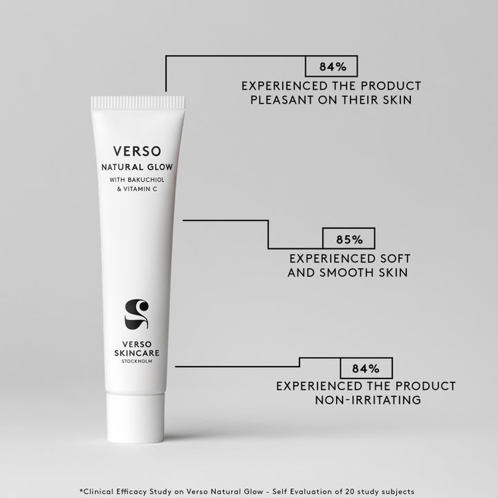 Verso N°2 Natural Glow 40 ml heleyttävä päivävoide valkoisessa tuubissa ja ihotutkimuksen tuloksia sisältävä kaavio.
