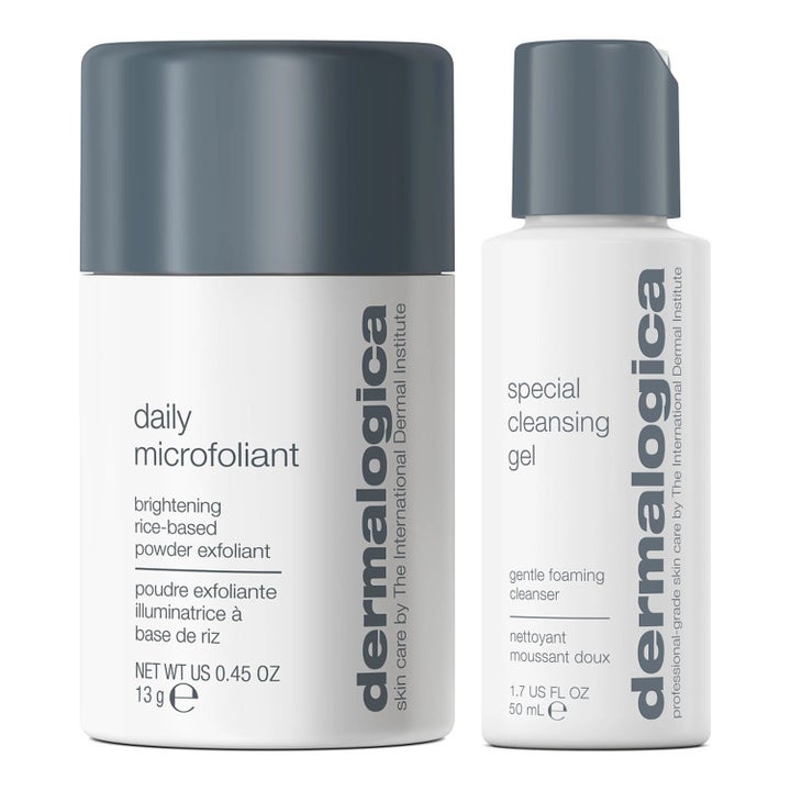 Dermalogica Daily Microfoliant 13 g ja Special Cleansing Gel 50 ml kirkastava kuorinta ja puhdistusgeeli valkopulloissa.