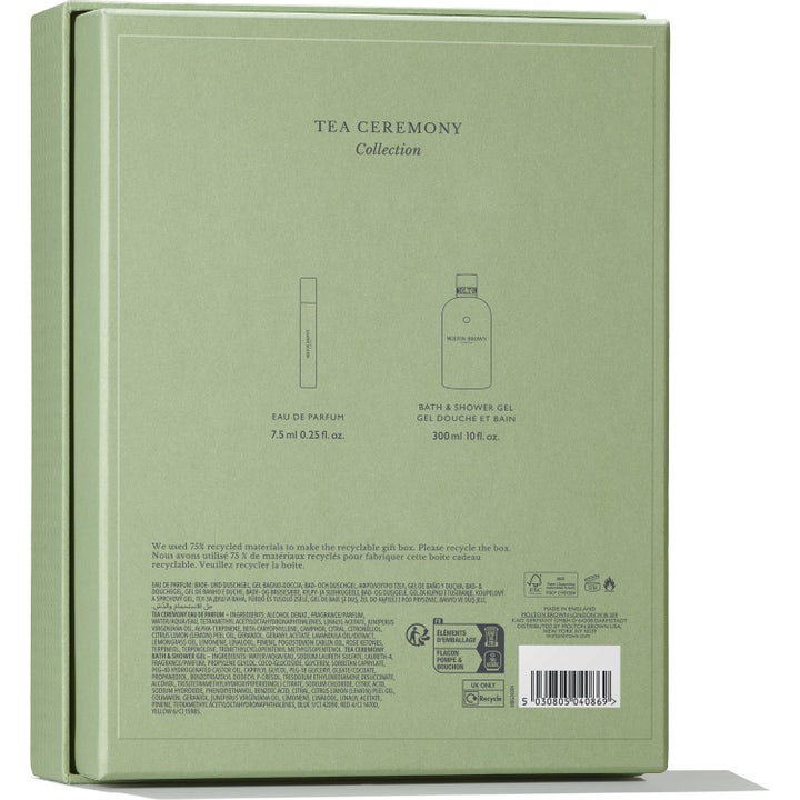 Molton Brown Tea Ceremony Collection 307,5 ml vartalonhoitosetti vaaleanvihreän pakkauksen kääntöpuoli ainesosatiedoilla