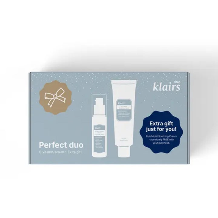 Klairs Perfect Duo 2 kpl kirkastava ihonhoitosetti vaaleansinisessä pakkauksessa jossa on C-vitamiiniseerumi ja voide