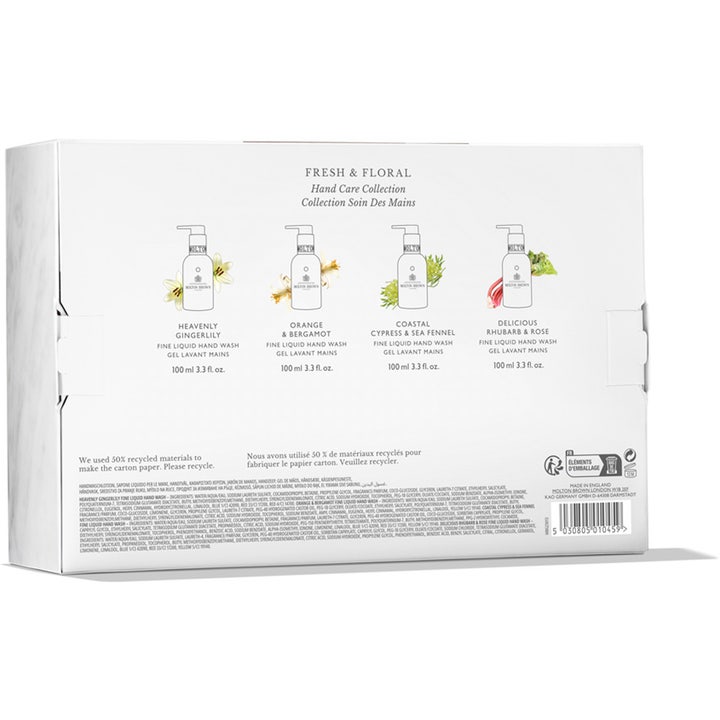 Molton Brown Hand Quad 400 ml puhdistava käsisaippuasetti, pakkauksen takasivulla neljä 100 ml pumppupulloa.