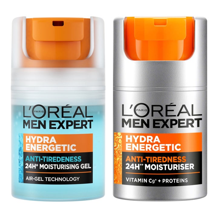 L'Oréal Men Expert Hydra Energetic virkistävä geeli ja voide läpinäkyvässä sinisessä ja hopeisessa pumppupullossa.