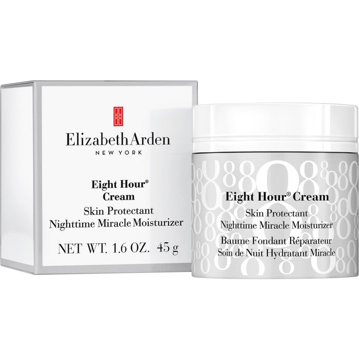 Elizabeth Arden Eight Hour Cream 45 g kosteuttava yövoide valkoisessa rasiassa ja harmaassa kuvioidussa purkissa.