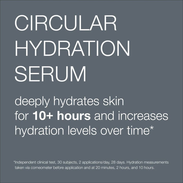 Dermalogica Circular Hydration Serum Duo 20 ml syväkosteuttava seerumi harmaalla infografiikalla 10 tunnin tehosta