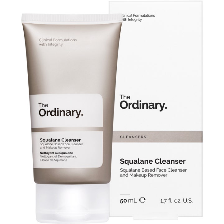 The Ordinary Squalane Cleanser 50 ml hellävarainen kasvojenpuhdistusaine harmaassa tuubissa ja valkoisessa rasiassa.
