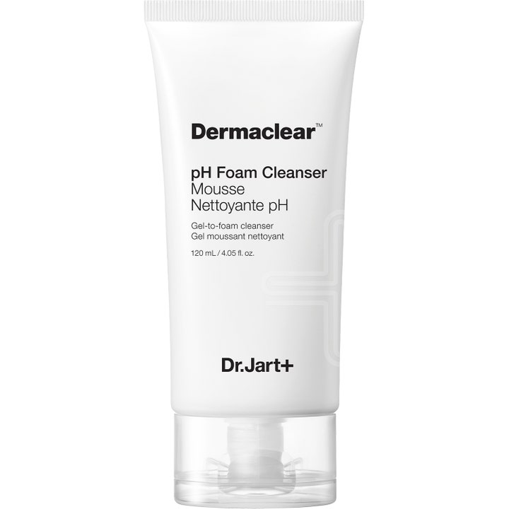 Dr.Jart+ Dermaclear pH Foam Cleanser 120 ml hellävarainen puhdistusvaahto valkoisessa tuubissa, jossa on kirkas korkki.