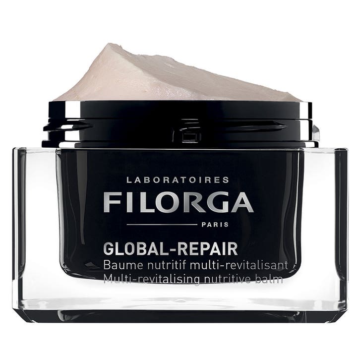 Filorga Global-Repair Balm 50 ml ravitseva kasvovoide, jossa on täyteläinen koostumus ja musta lasipurkki.