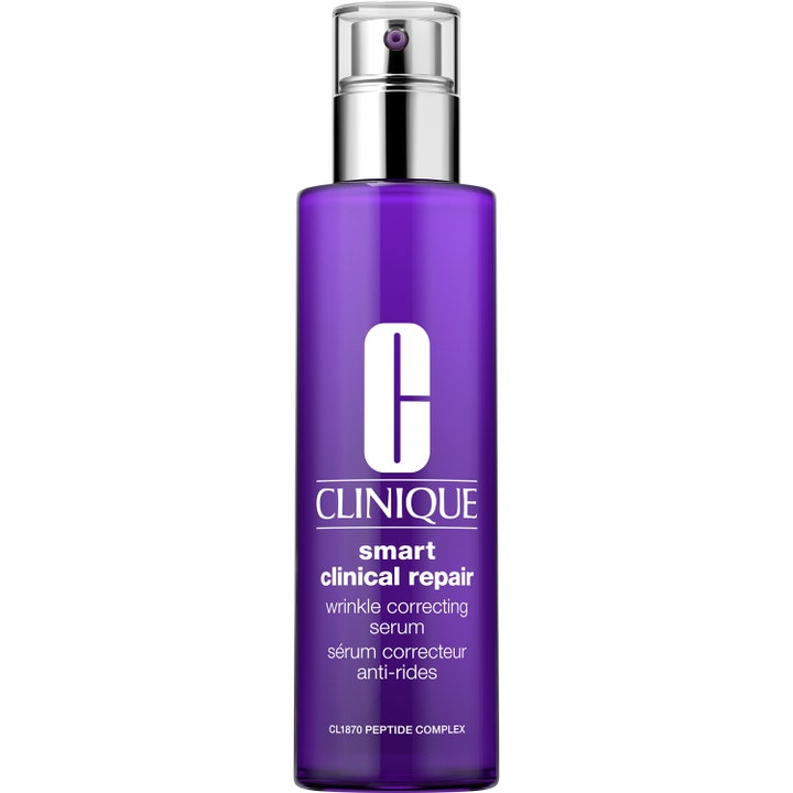 Clinique Smart Clinical Repair Wrinkle Correcting Serum 100 ml silottava seerumi purppuraisessa pumppupullossa.
