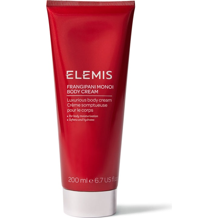 Elemis Frangipani Monoi Body Cream 200 ml pehmentävä vartalovoide punaisessa tuubissa hopeisella korkilla