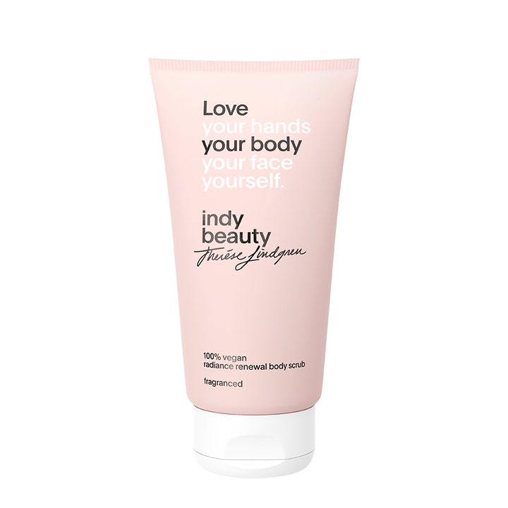 Indy Beauty Radiance Renewal Body Scrub 200 ml heleyttävä vartalokuorinta vaaleanpunaisessa tuubissa.