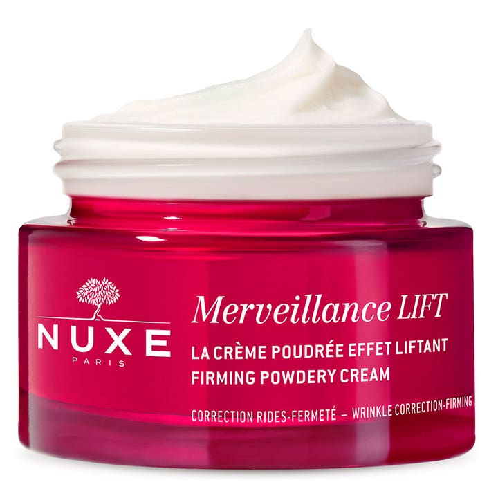 Nuxe Merveillance LIFT 50 ml kiinteyttävä kasvovoide punaisessa purkissa jossa on täyteläinen vaalea koostumus
