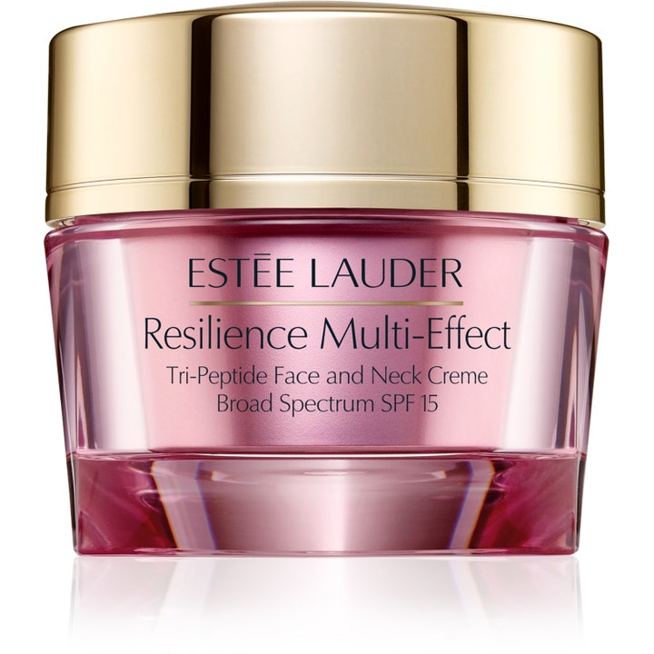Estée Lauder Resilience Multi-Effect 50 ml kasvovoide napakoittaa ihoa vaaleanpunaisessa lasipurkissa kultaisella korkilla.