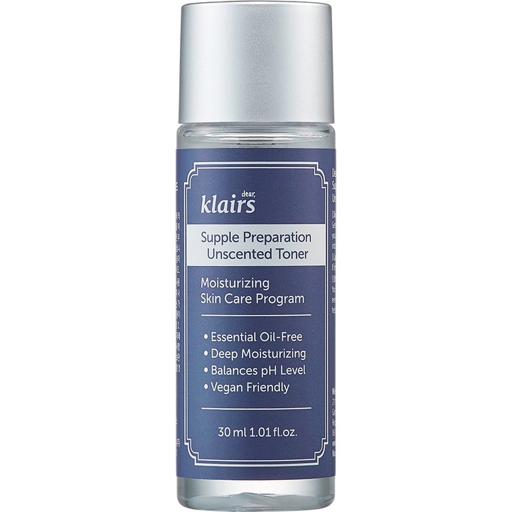 Dear, Klairs Supple Preparation Unscented Toner 30 ml hajusteeton kasvovesi kirkkaassa pullossa sinisellä etiketillä.
