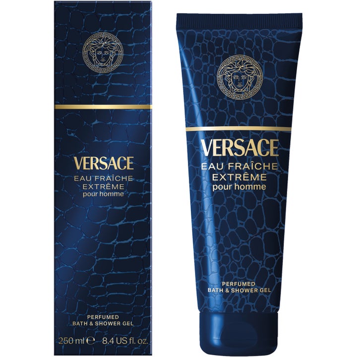 Versace Eau Fraiche Extreme 250 ml puhdistava suihkugeeli tummansinisessä krokotiilikuvioisessa pakkauksessa.