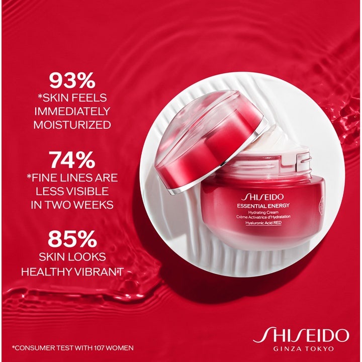 Shiseido Essential Energy Hydrating Day Cream 50 ml kosteuttava päivävoide punaisessa purkissa ja ihotuloksia.