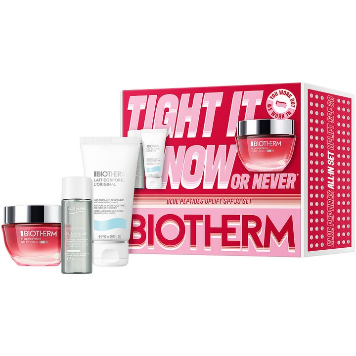 Biotherm Blue Peptides Uplift SPF30 Set lahjapakkaus kiinteyttää ihoa ja sisältää voidepurkin sekä tuubeja pinkin rasian edessä