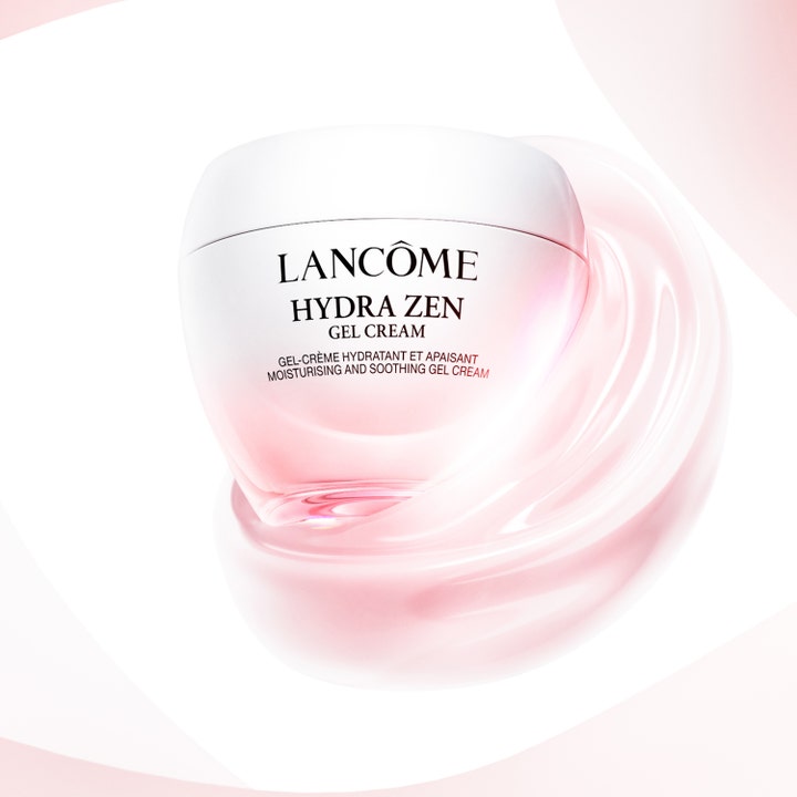 Lancôme Hydra Zen Gel Cream 30 ml rauhoittava geelivoide vaaleanpunaisessa purkissa silkkisellä tekstuurilla.