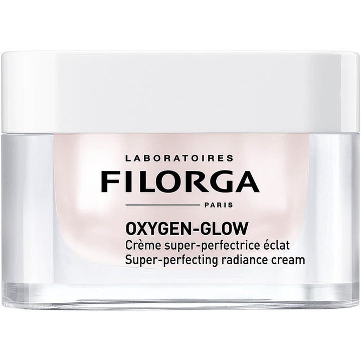 Filorga Oxygen-Glow 50 ml kirkastava kasvovoide heleyttää ihoa läpinäkyvässä lasipurkissa valkoisella kannella.