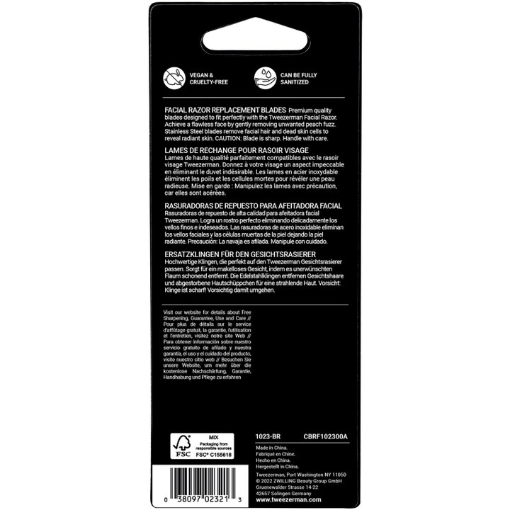 Tweezerman Facial Razor Replacement Blades 3 kpl vaihtoteriä takapuoli pakkauksen tuotetiedoilla.