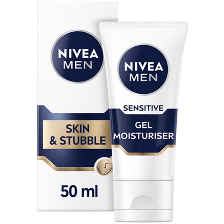 Nivea Men Sensitive Skin & Stubble 50 ml kosteuttava geelivoide valkoisessa tuubissa ja sinivalkoisessa kotelossa
